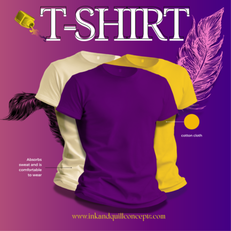 Colorful cotton t-shirts with comfort features, feather illustration.