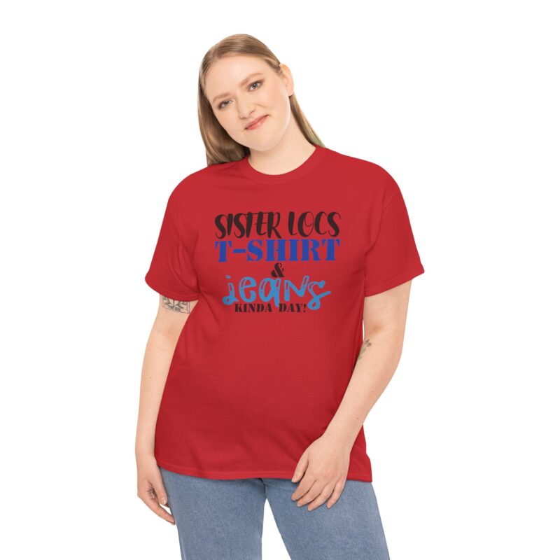 Casual Style,Sister Locs T-shirt,Red Tee,Comfortable Clothing,Statement Fashion,Daily Wear,Expressive Typography,Women’s Casualwear,Graphic T-Shirt,Jeans Day,Sister Locs & Jeans Tee,Sister Locs Tee