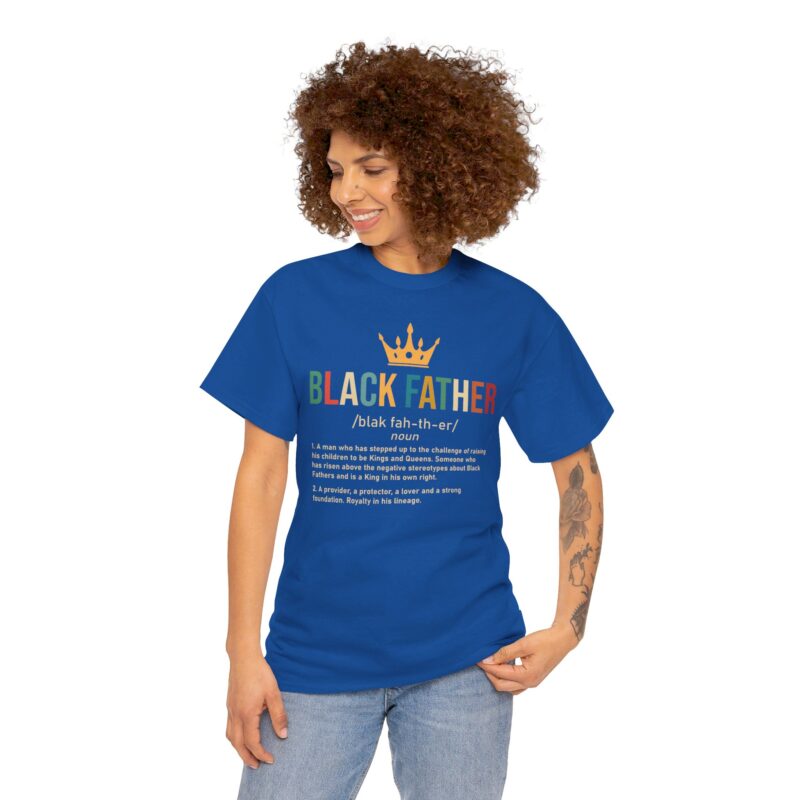 Black father,graphic T-shirt,Black pride,African American apparel,Father's Day gift,Black Father T-shirt with crown,meaningful Black pride apparel,African American father graphic tee,comfortable Black history shirt,gifts for Black fathers,Black fatherhood