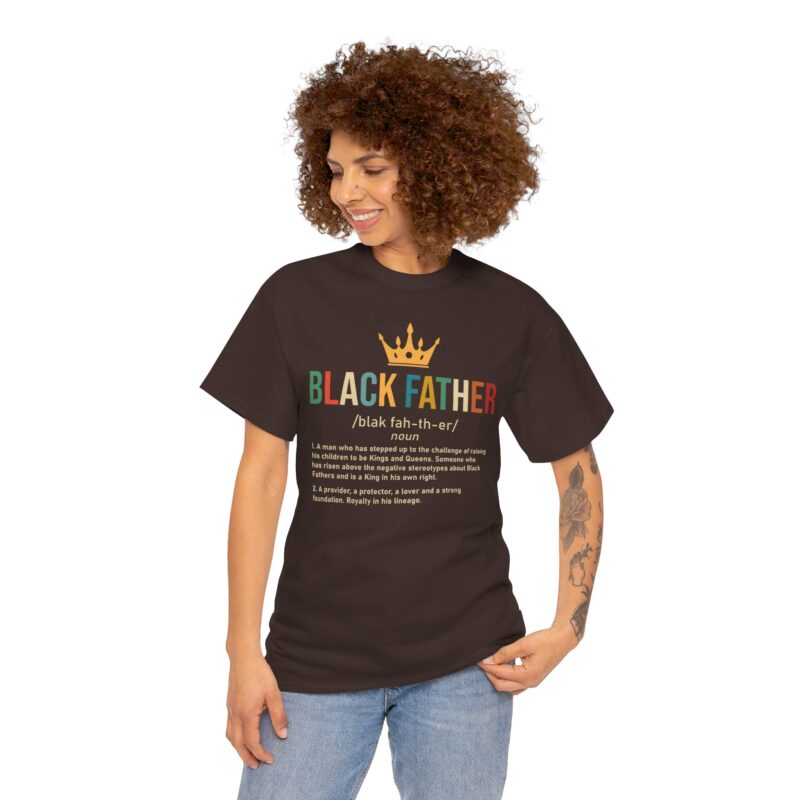 Black father,graphic T-shirt,Black pride,African American apparel,Father's Day gift,Black Father T-shirt with crown,meaningful Black pride apparel,African American father graphic tee,comfortable Black history shirt,gifts for Black fathers,Black fatherhood